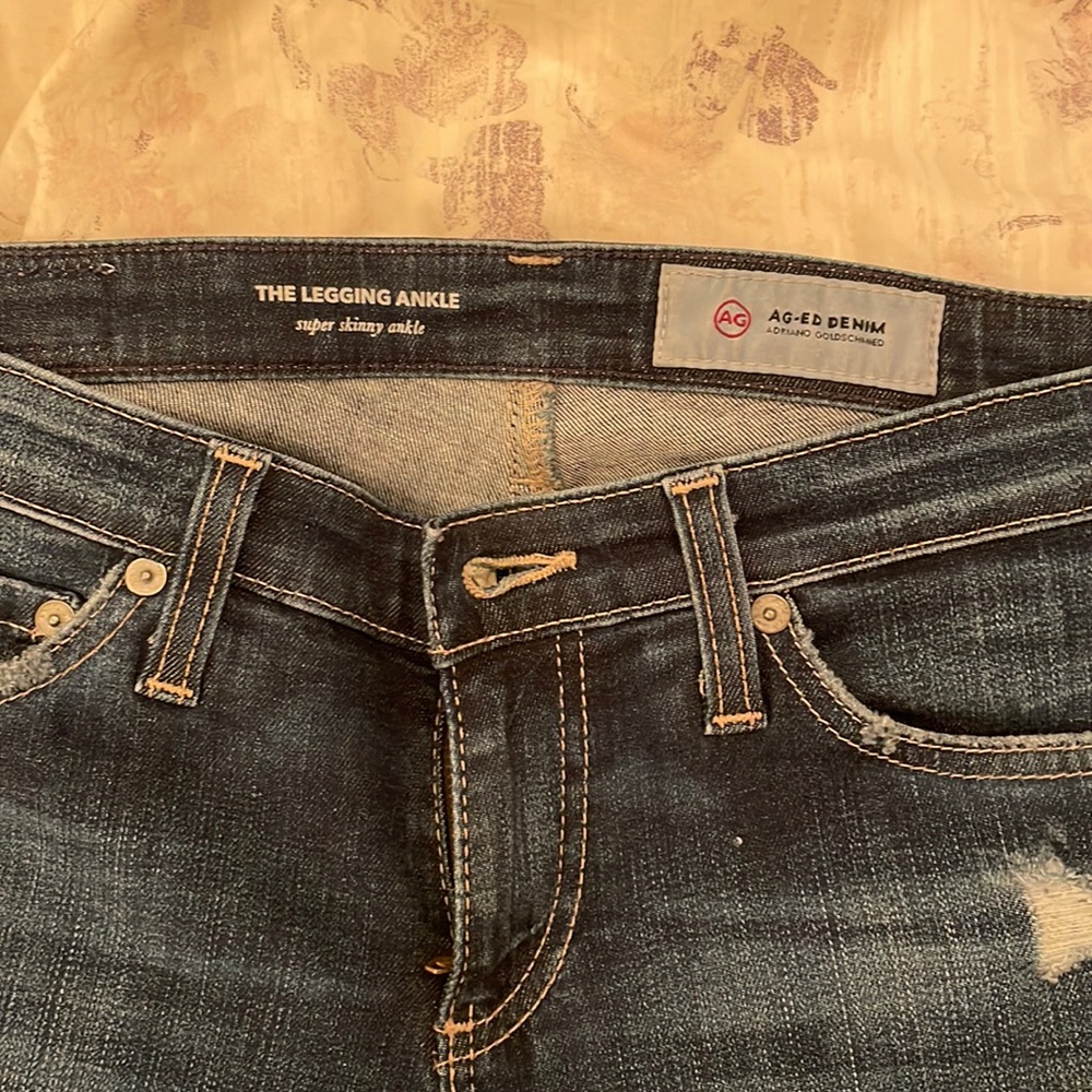AG jeans, size 25R, low rise skinny jeans with distress
